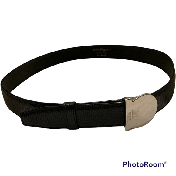 Vintage Ferragamo tailored 1” belt silver buckle textured leather S\M - Picture 2 of 5